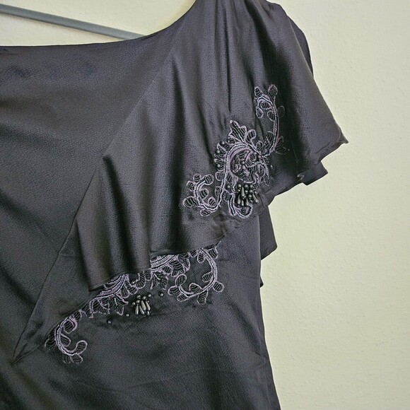 Nanette Lepore Silk Beaded One Shoulder Blouse Size 10 Embellished Ruffle Black - Picture 7 of 7